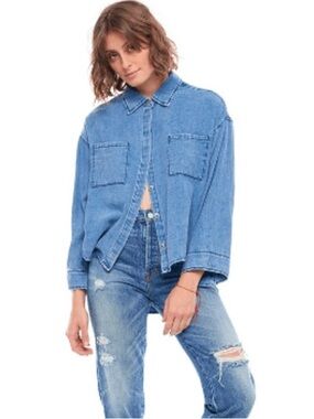 Sandrine Rose x Free People denim distressed button down top oversized small
